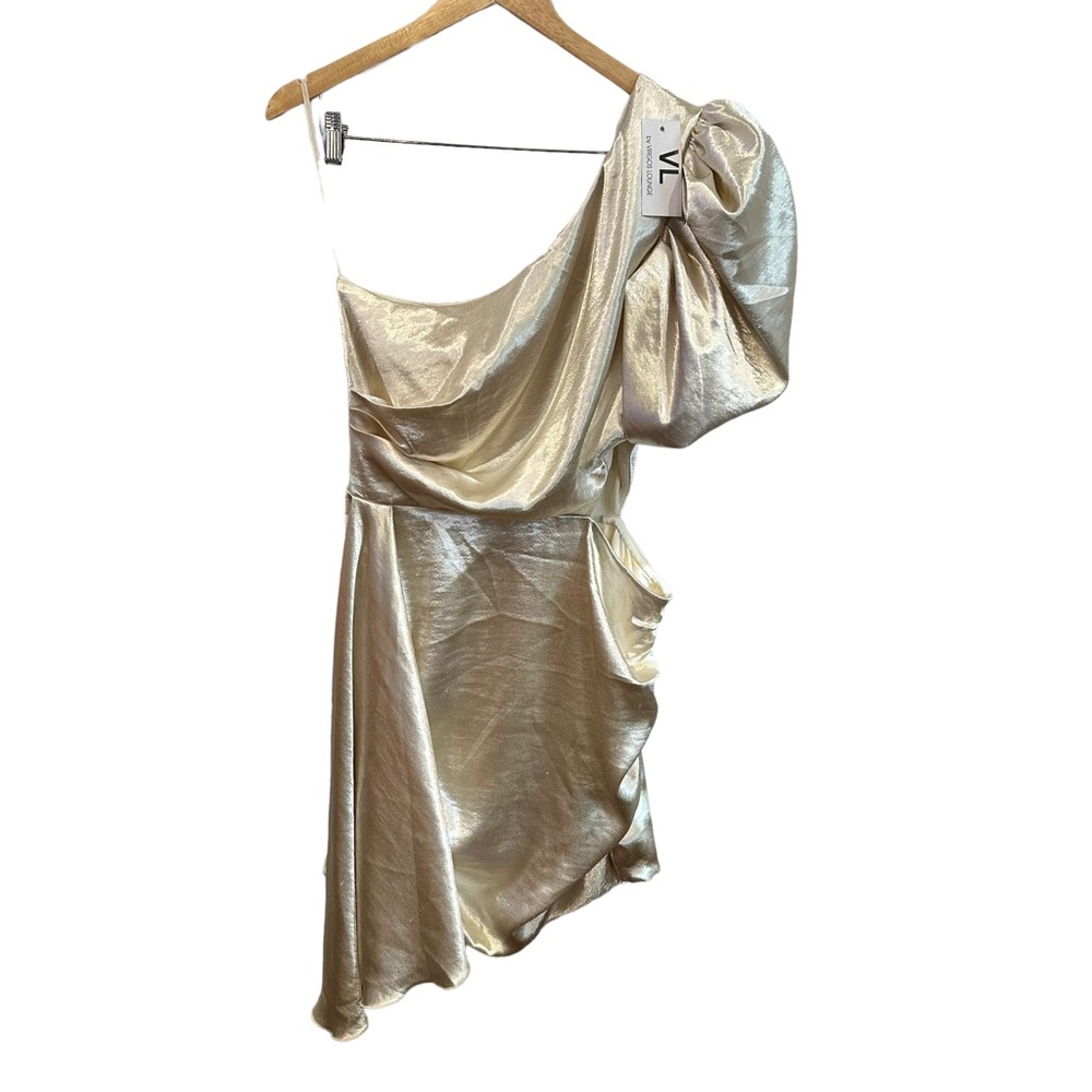 Virgos Lounge V L The Label Puff Sleeve Wrap Mini Dress champagne formal glam